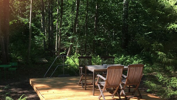 An outdoor wooden deck with a table and chairs, surrounded by dense forest.