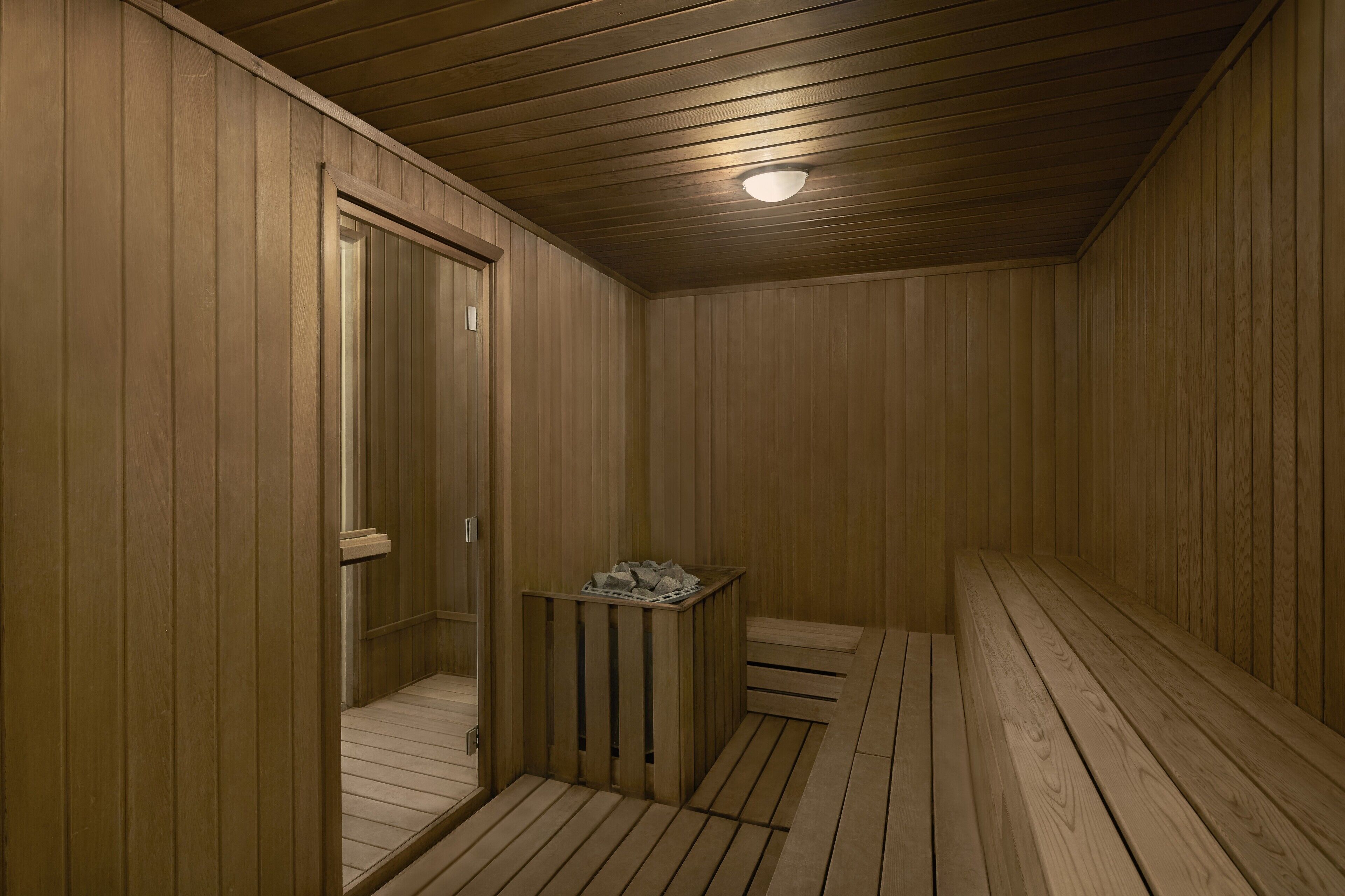 Una sauna con paredes de madera y techo inclinado.