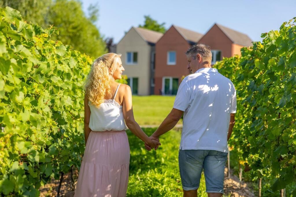 A couple holding hands in a vineyard with houses in the background.