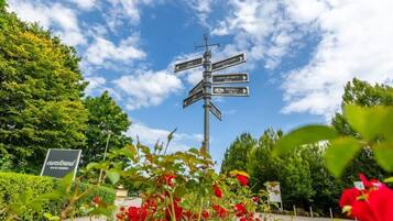 A directional signpost with multiple arrows pointing in different directions, surrounded by lush greenery and red flowers.