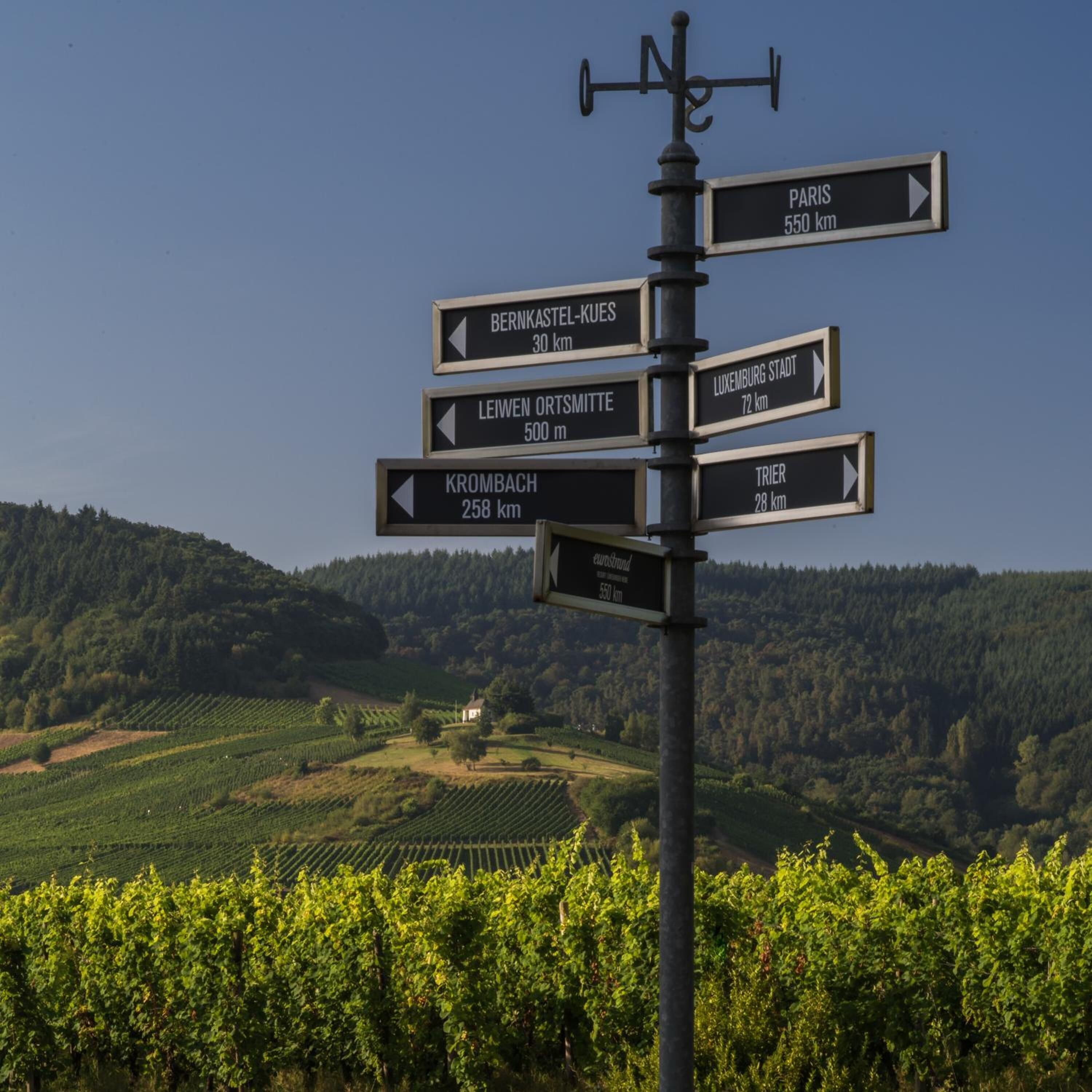 Un panneau indicateur directionnel comportant de nombreuses flèches pointant vers différentes destinations et indiquant les distances correspondantes.