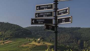 Un panneau indicateur directionnel comportant de nombreuses flèches pointant vers différentes destinations et indiquant les distances correspondantes.