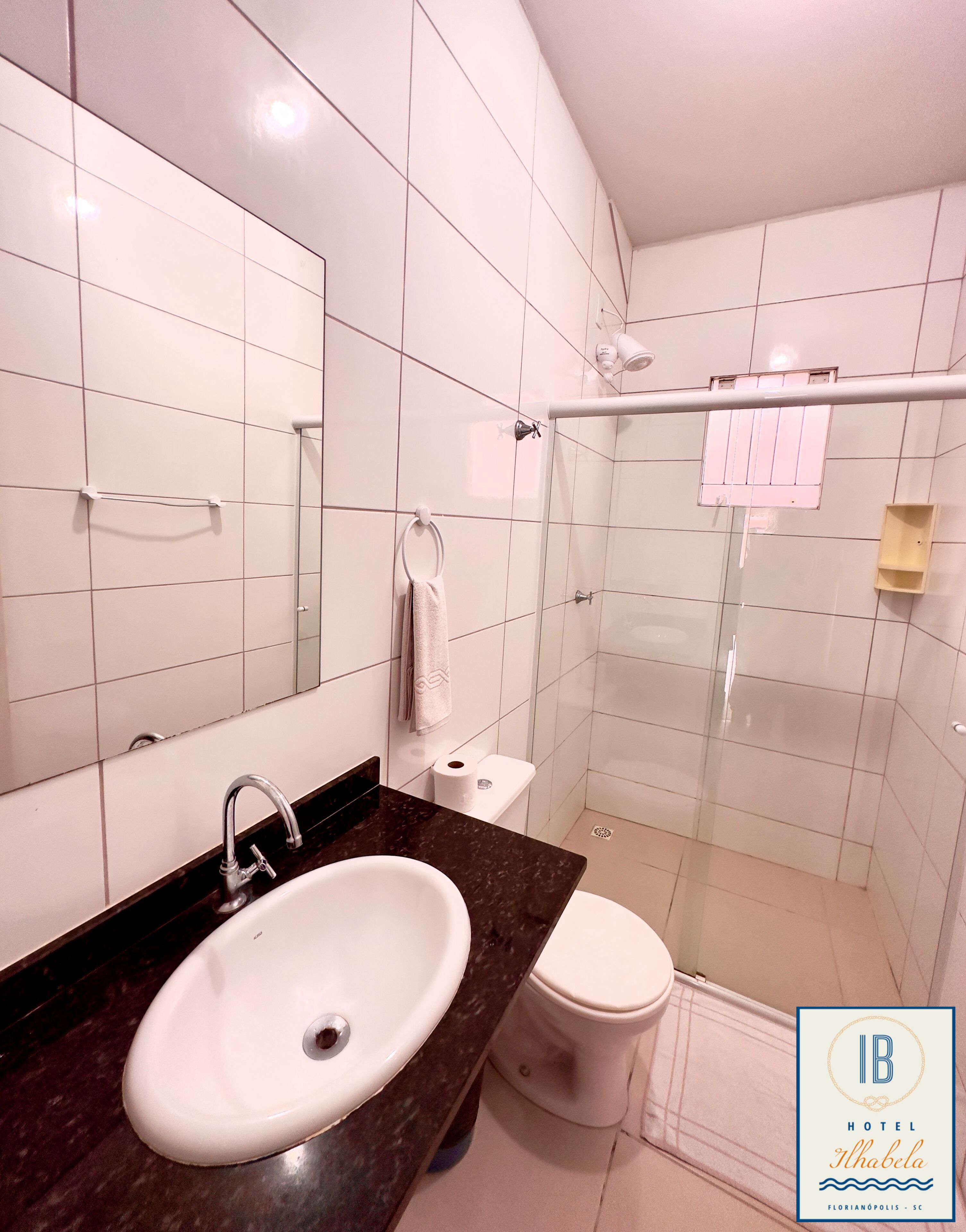 A modern bathroom with a white sink, a toilet, and a glass-enclosed shower area.