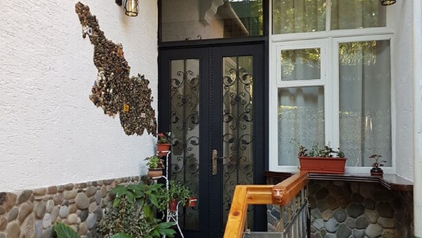 Escadaria de pedra que leva a uma porta preta com um painel de vidro, cercada por plantas em vasos e um corrimão de madeira.