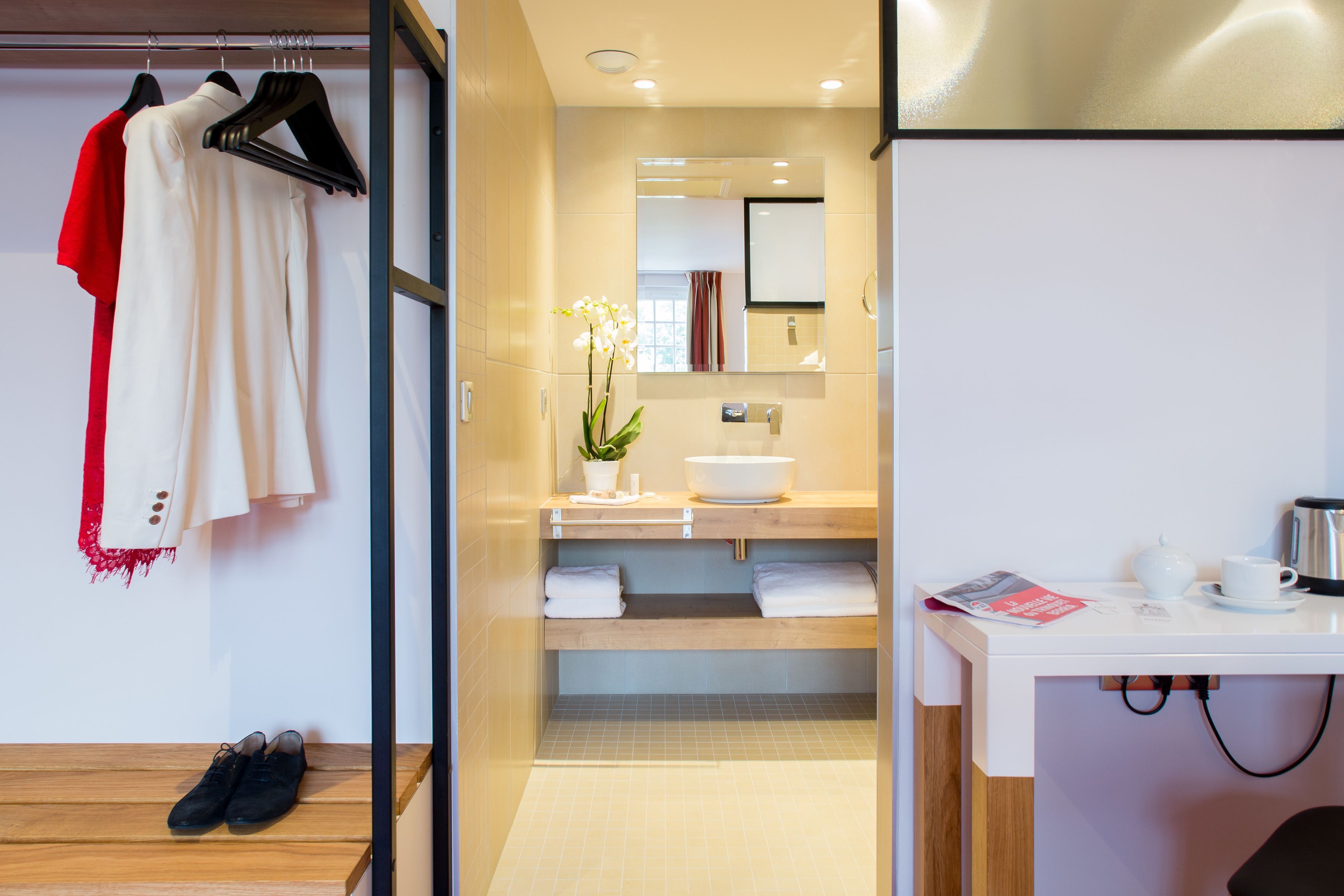 bathroom | shower, hair dryer, bathrobes, slippers