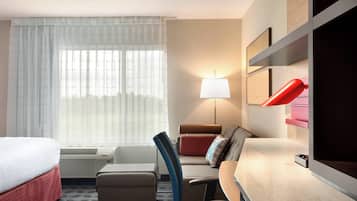 1 bedroom, desk, blackout curtains, iron/ironing board