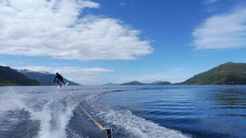 A person wakeboarding on a lake with mountains in the background.