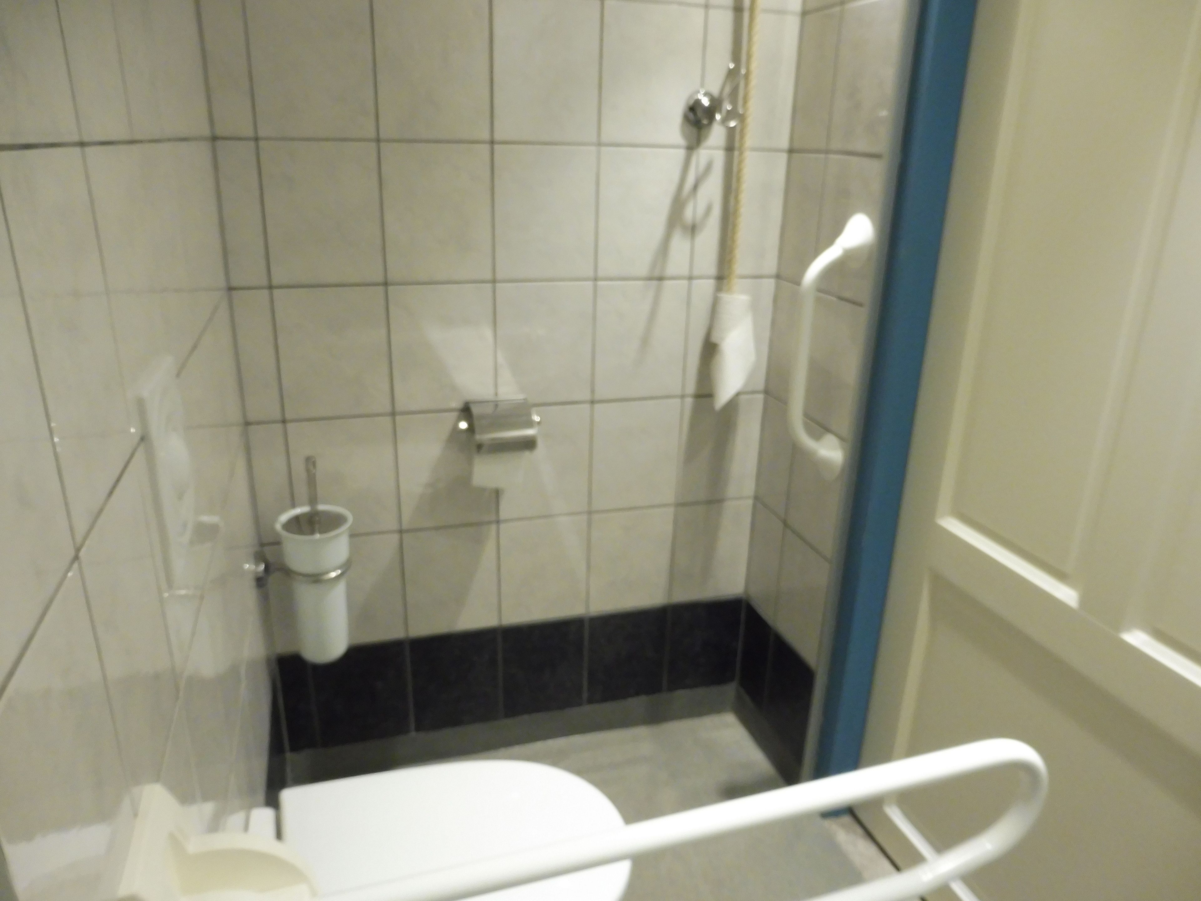 Ein kleines Badezimmer mit Fliesen, einer Toilette, einer Dusche und einem Handtrockner.