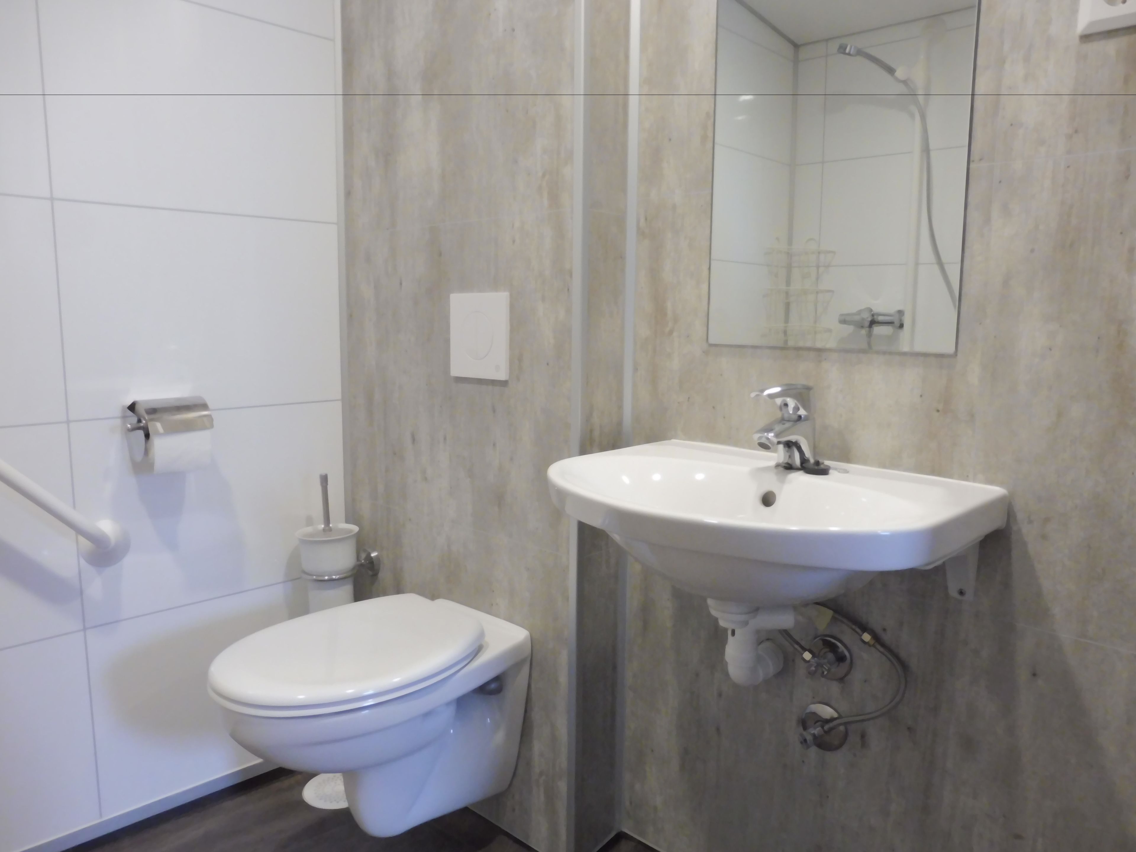 A modern bathroom with a toilet, sink, and mirror.
