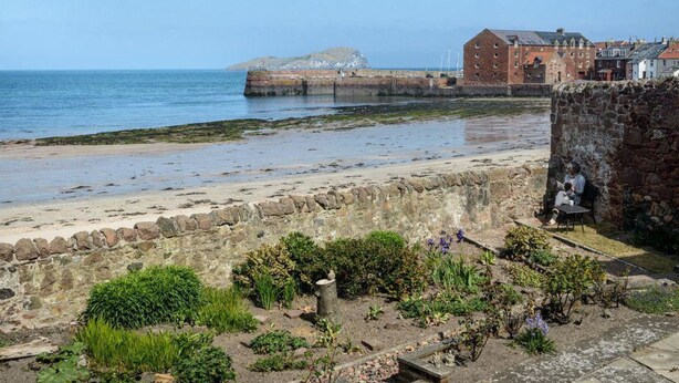 A coastal scene with a stone wall, a garden with various plants, and a building with a brick facade.