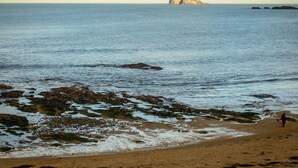 A beach with rocky shorelines and a distant island. - Bass Rock View (North Berwick)