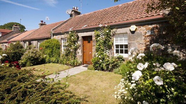 A stone house with a tiled roof, a front door, and a small garden with white flowers. - Greylag Cottage (Gullane)