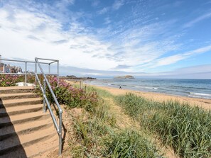 A beach with steps leading down to the shore, a clear sky, and distant rocky outcrops. - Driftwood (North Berwick)