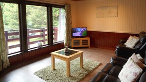 A living room with a wooden ceiling, a television on a wooden stand, a leather sofa, and a view of a wooden deck outside.