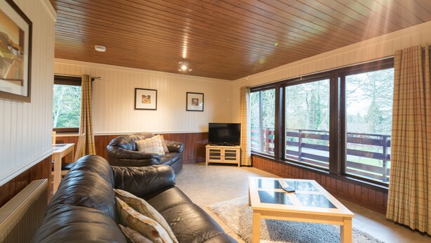 A living room with a leather sofa, a glass coffee table, a television on a stand, and large windows with curtains. - Bluebell Lodge 3 with Hot Tub (Newton Stewart)