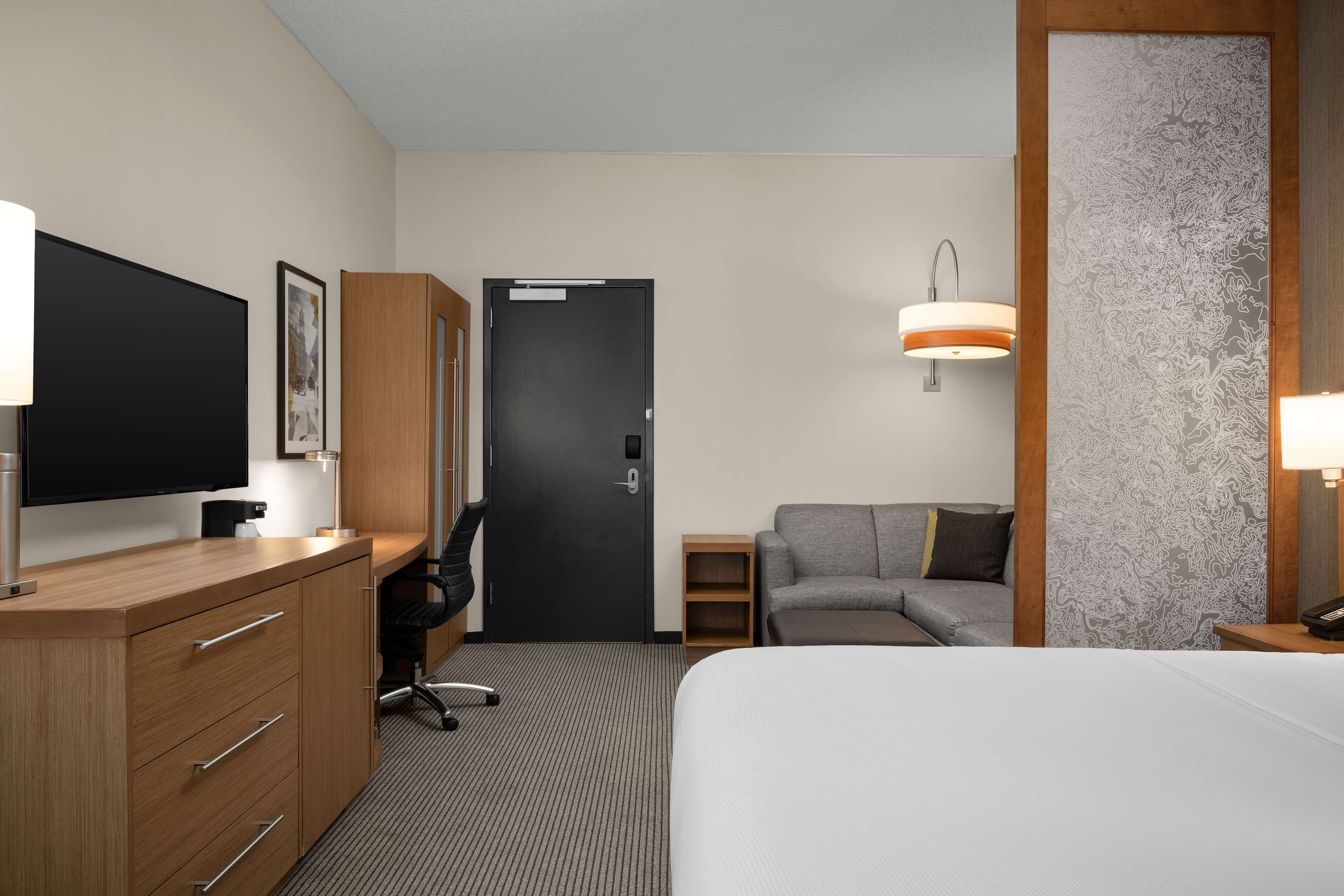 Una habitación de hotel con una cama, un escritorio con televisor de pantalla plana, un armario de madera, un sofá gris y una pared con diseño.