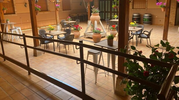 An outdoor patio area with wooden tables and chairs, potted plants, and a rustic ambiance. - Hotel Las Tablas (Daimiel)