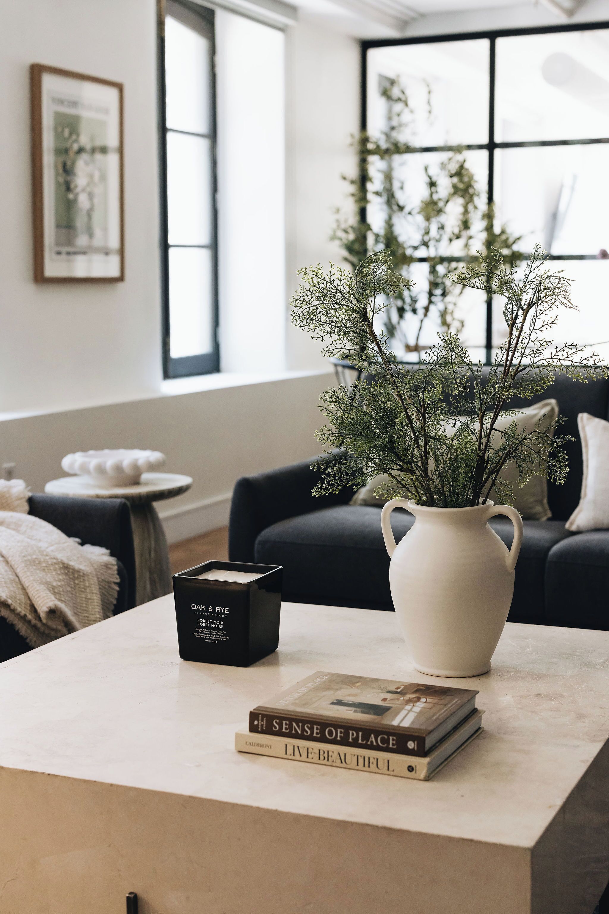 Ein modernes Wohnzimmer mit einer weißen Vase, Büchern und einem schwarzen Sofa.