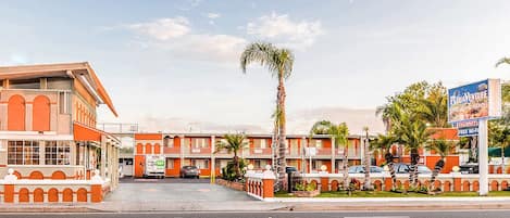 A motel with a row of rooms, a parking lot, and a palm tree.