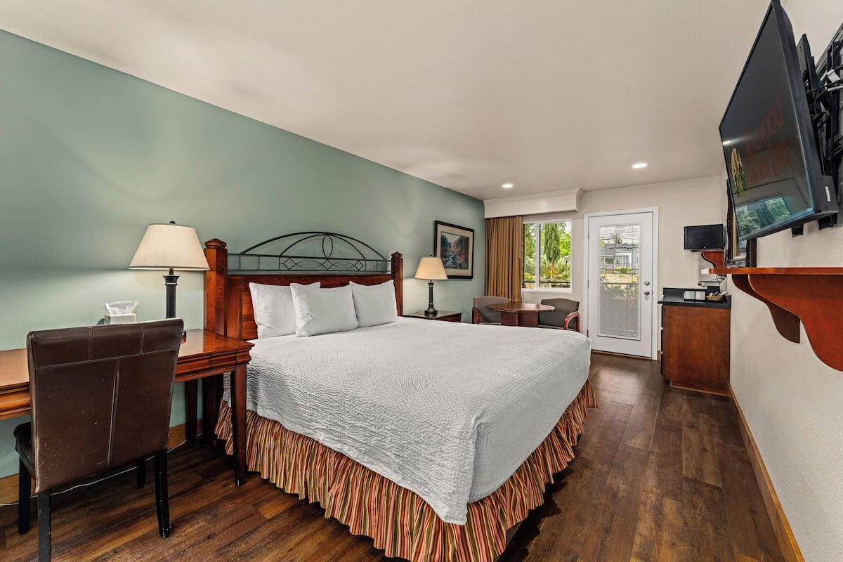 A hotel room with a bed, desk, chair, TV, and a view of the outdoors.