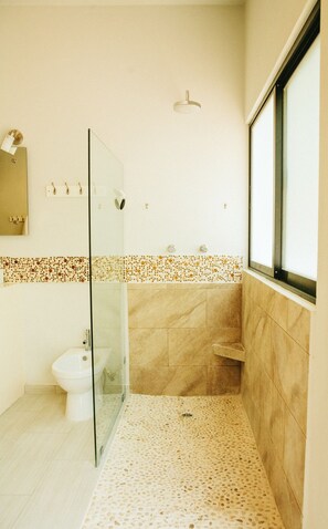 A modern bathroom with a glass shower enclosure, a toilet, and a sink. - Enjoy space and privacy Casa Roo by BRM (Tulum)