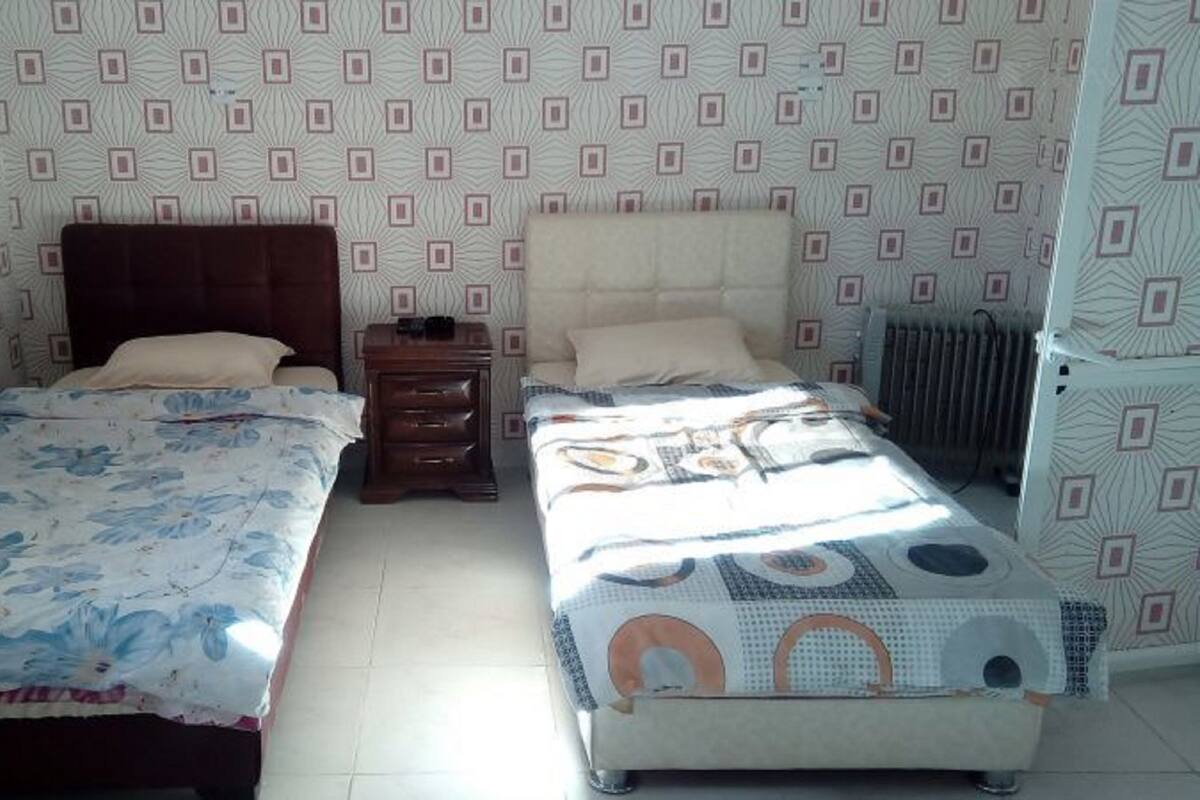 Een kamer met twee bedden, een nachtkastje en een radiator.