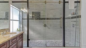Separate tub and shower, hair dryer, towels, soap