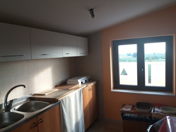 A compact kitchen with a sink, cabinets, and a window overlooking a green landscape. - VILLA DI CAMPAGNA 3 KM FROM THE CITY CENTER (CORATO)