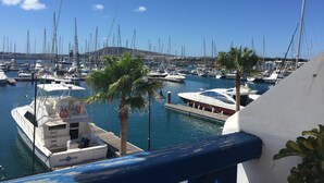 A marina with multiple boats docked, a clear blue sky, and a mountain in the background.