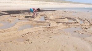 A sandy beach with footprints and a person bending over. - Typical regional house, fully and tastefully renovated with old bricks and beams, very sunny surrounded by old trees & vinyards, close to huge beaches & golf courses. (Messanges)