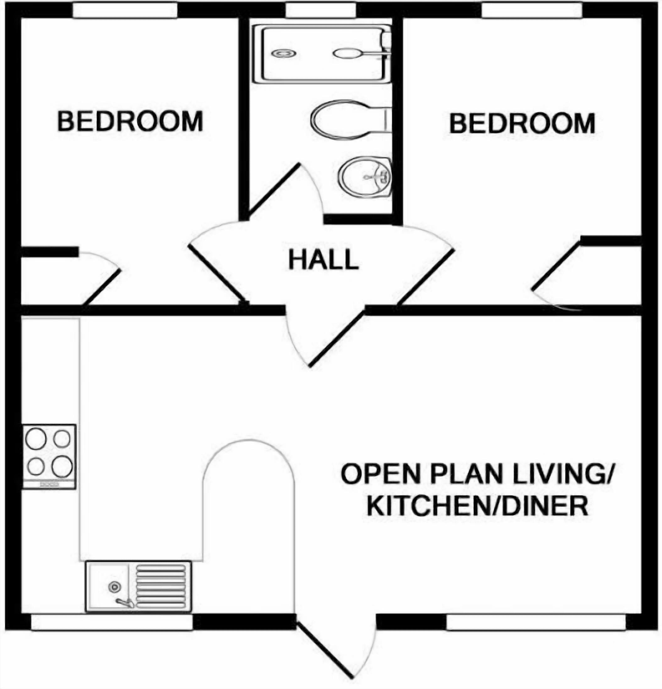 A floor plan with two bedrooms, a hall, and an open plan living/kitchen/diner area.