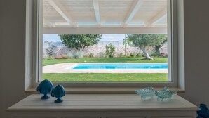 Une vue sur une piscine et un jardin, prise à travers une fenêtre.