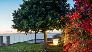 Un jardín con un árbol, un banco y vista al mar.