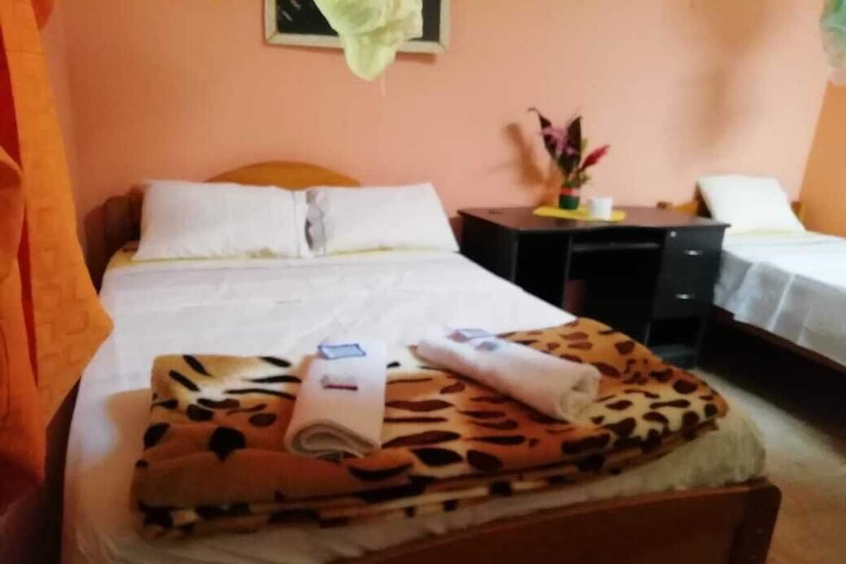 Una habitación de hotel con cama, mesita de noche y escritorio.