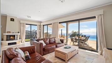 Televisión LCD, chimenea, reproductor de DVD y libros