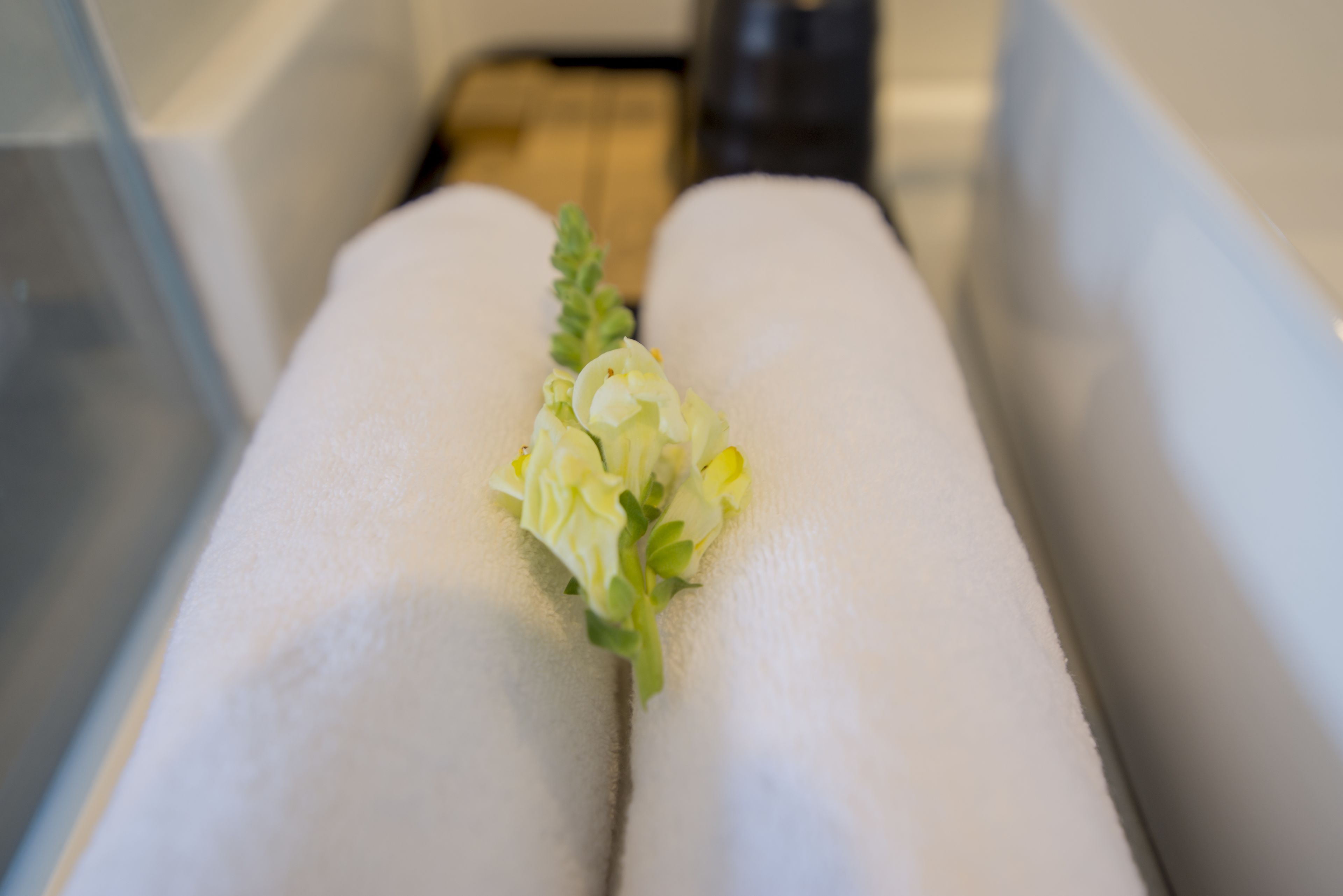 designer toiletries, hair dryer, bathrobes, slippers