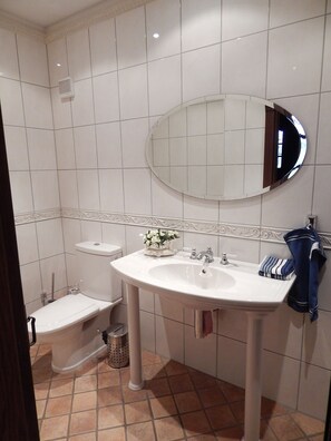 Hair dryer, towels, soap, toilet paper