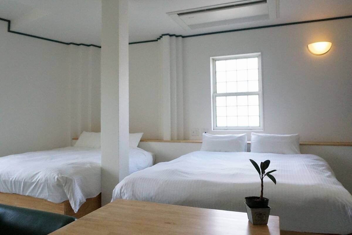 Une chambre d’hôtel avec deux lits, une fenêtre laissant entrer la lumière naturelle, une table de chevet et une plante en pot.