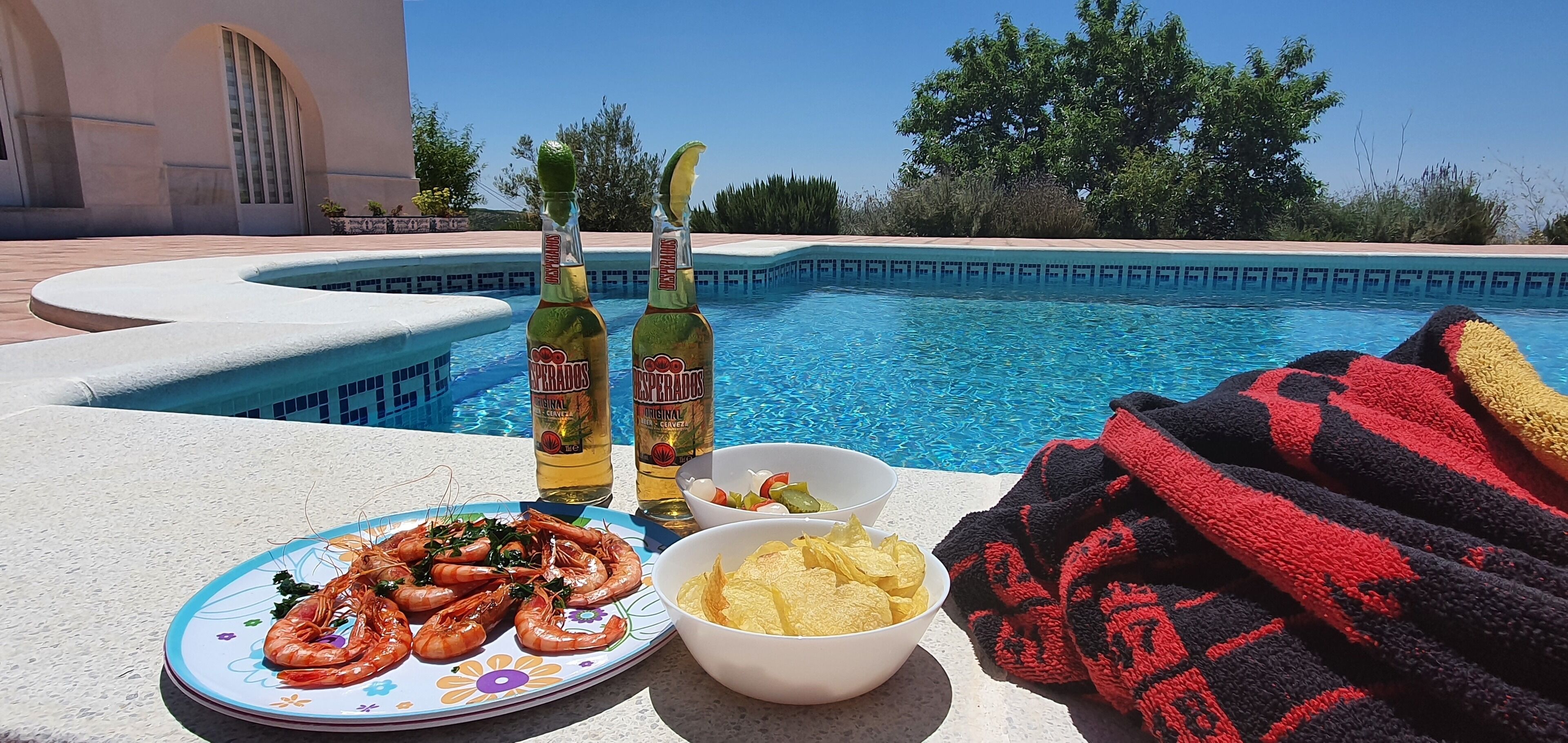 Een zwembadterras met gegrilde garnalen, twee bierflesjes, een schaal chips en een handdoek.