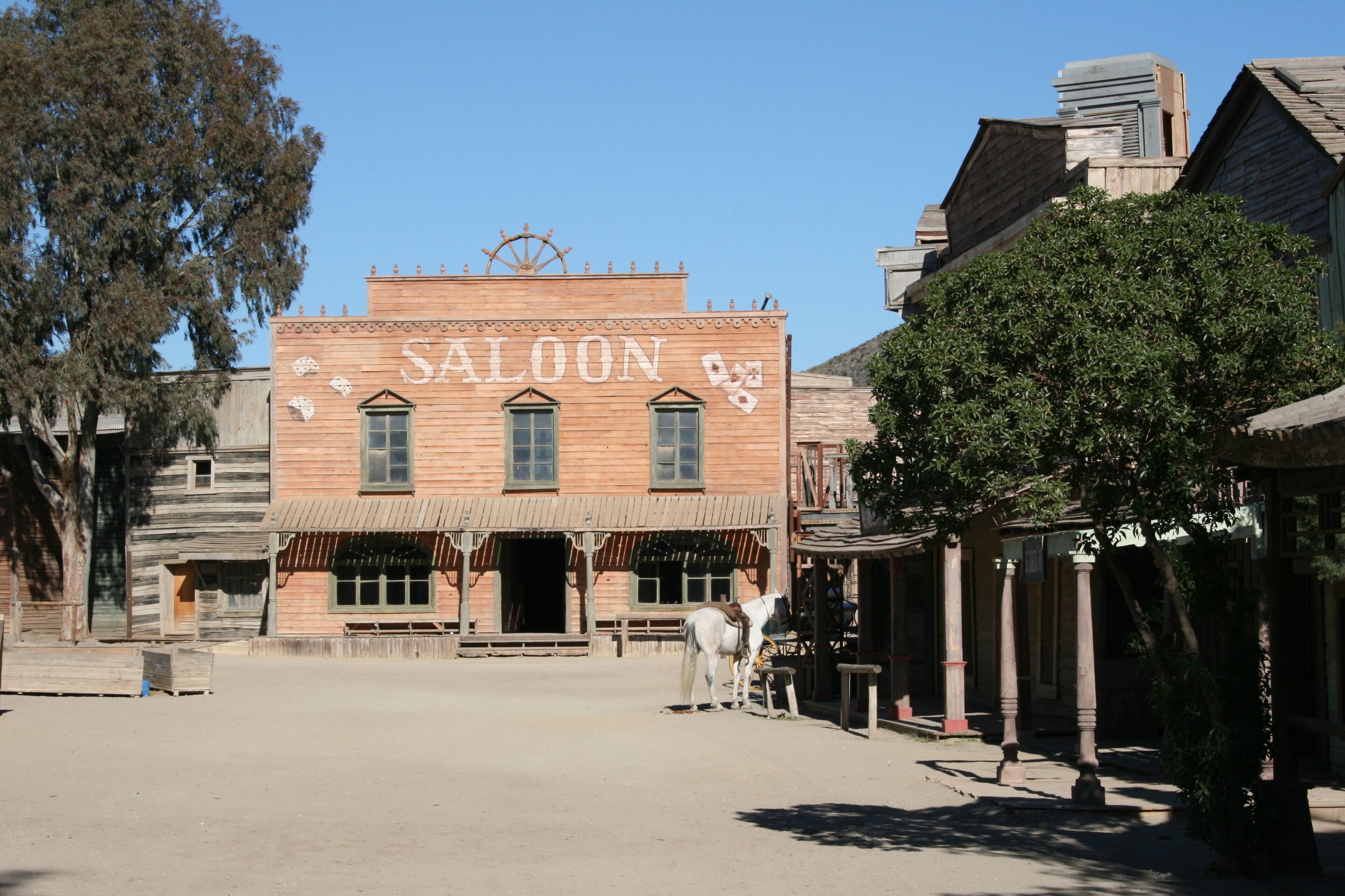 Un edificio de madera rústica con un letrero que dice "SALOON" y un caballo adelante.