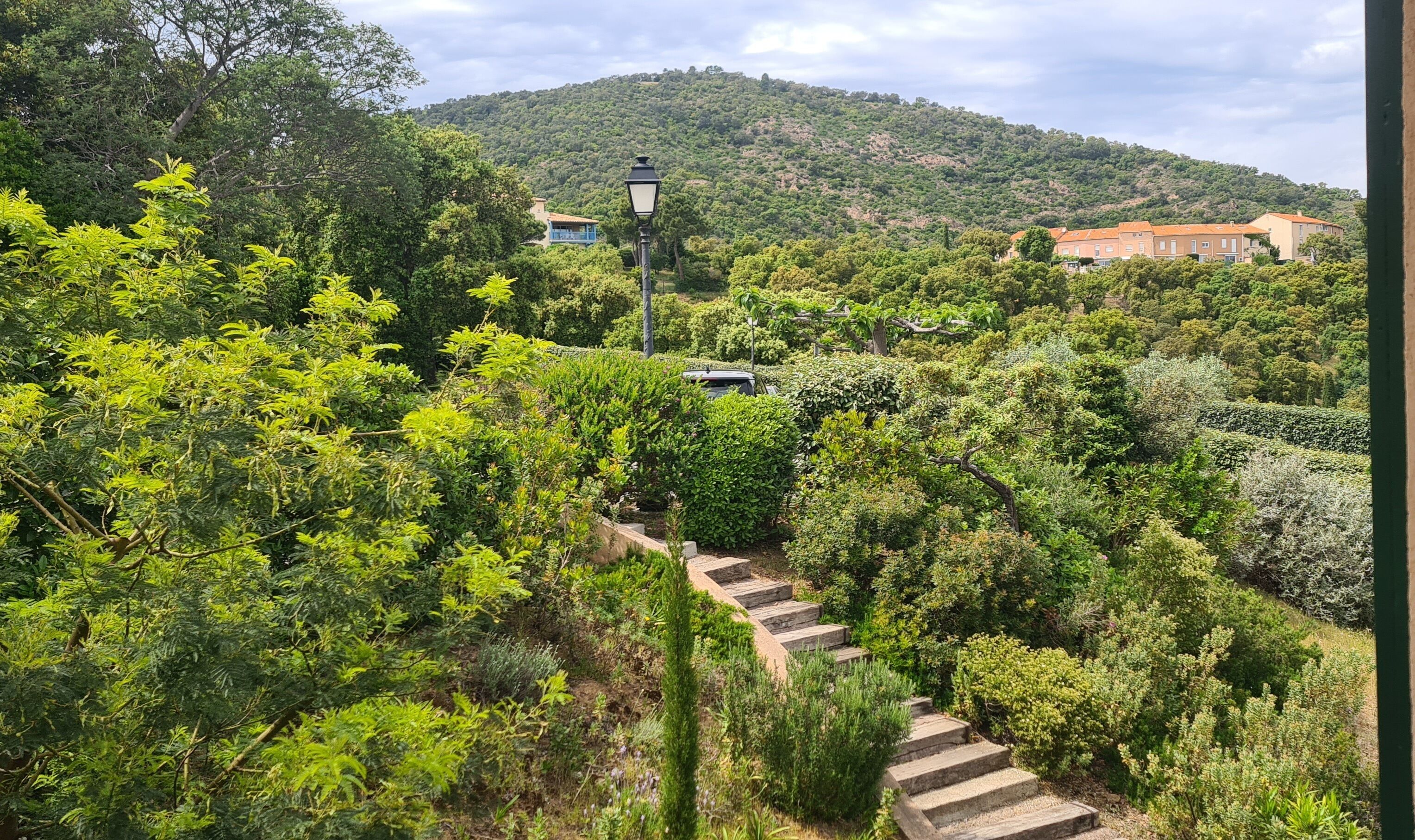 A garden with a stone staircase leading up a hill, surrounded by lush greenery and a mountain in the background.