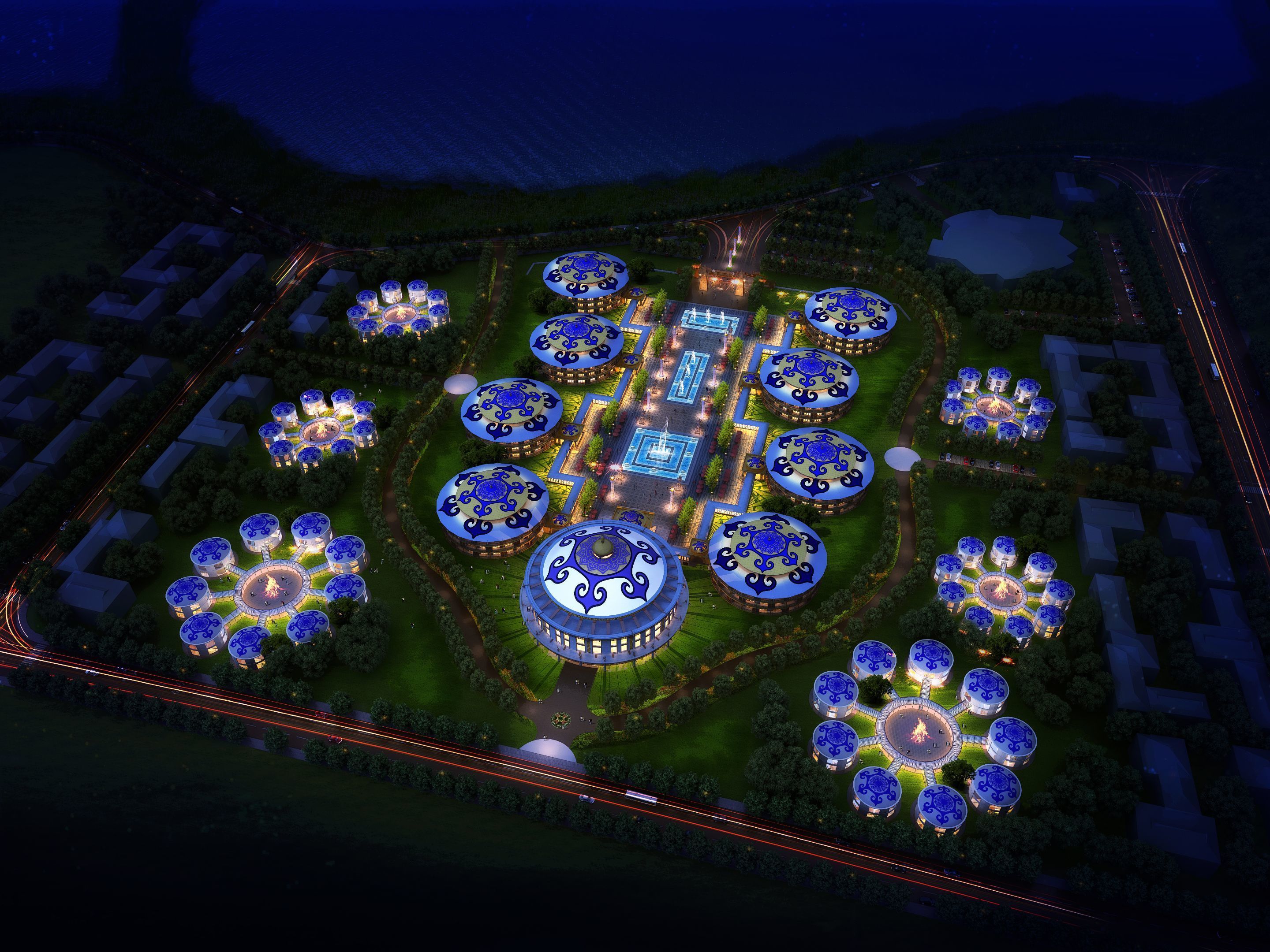 An aerial view of a large, circularly arranged complex with multiple domed structures, interconnected pathways, and a central square.
