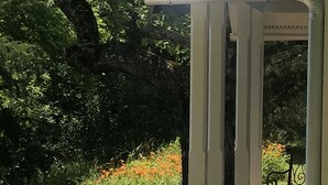 Un espacio exterior cubierto con un sendero que lleva a un edificio, rodeado de follaje y un jardín con flores de color naranja.