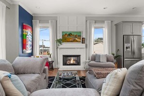 TV, lareira, aparelho de som, escritórios