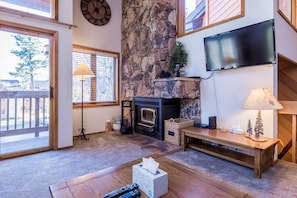 TV, fireplace, DVD player, books