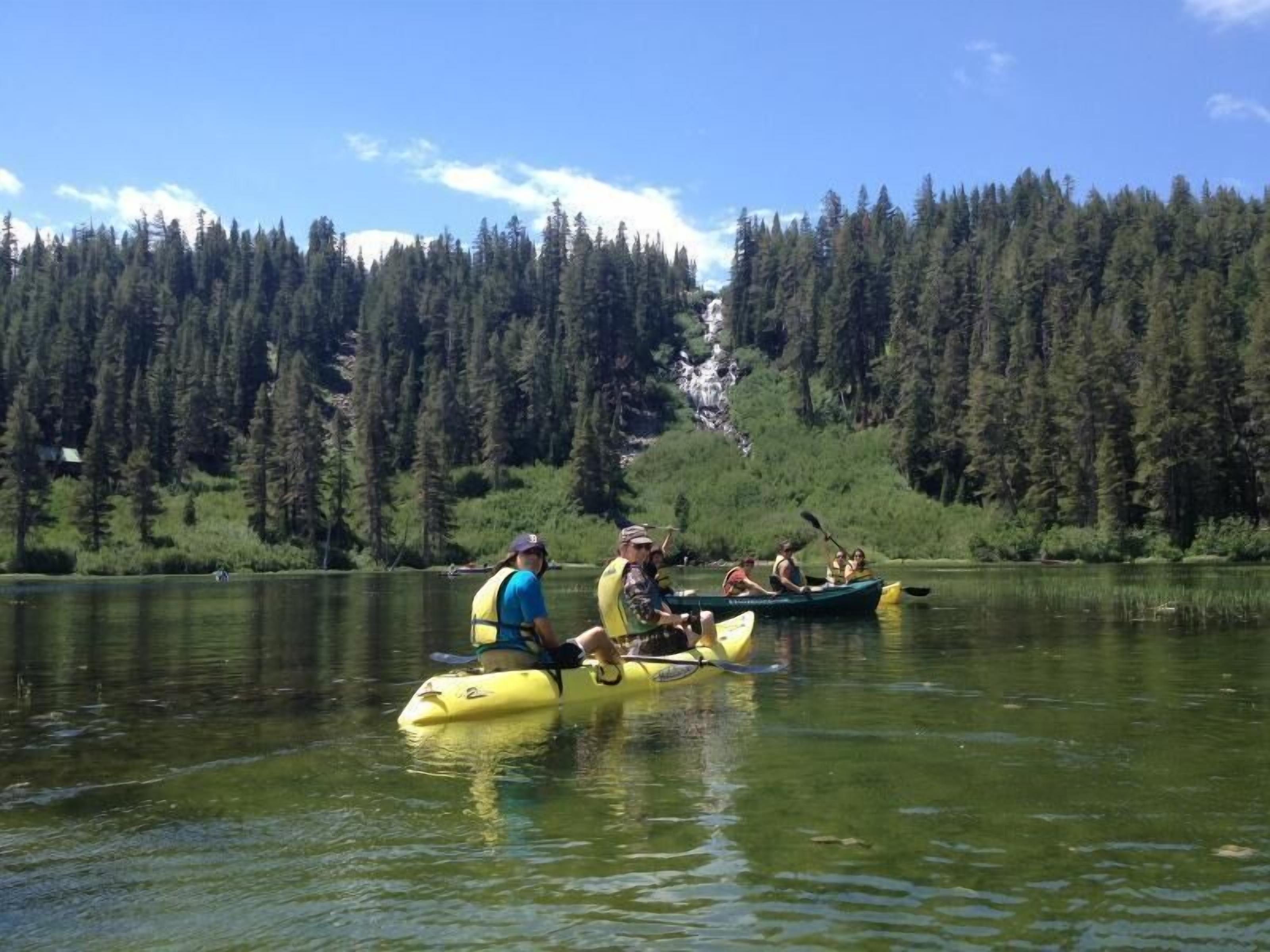 A group of people kayaking on a calm lake surrounded by dense forest.