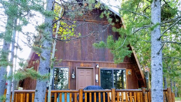 A rustic wooden cabin with a porch, surrounded by trees.