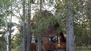 A rustic cabin surrounded by tall trees, with a wooden deck and a covered outdoor seating area.