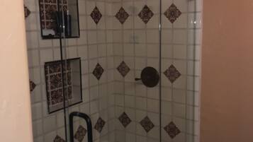 Hair dryer, towels, soap, shampoo