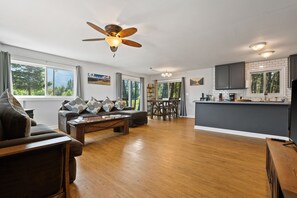 Smart TV, fireplace, books, stereo